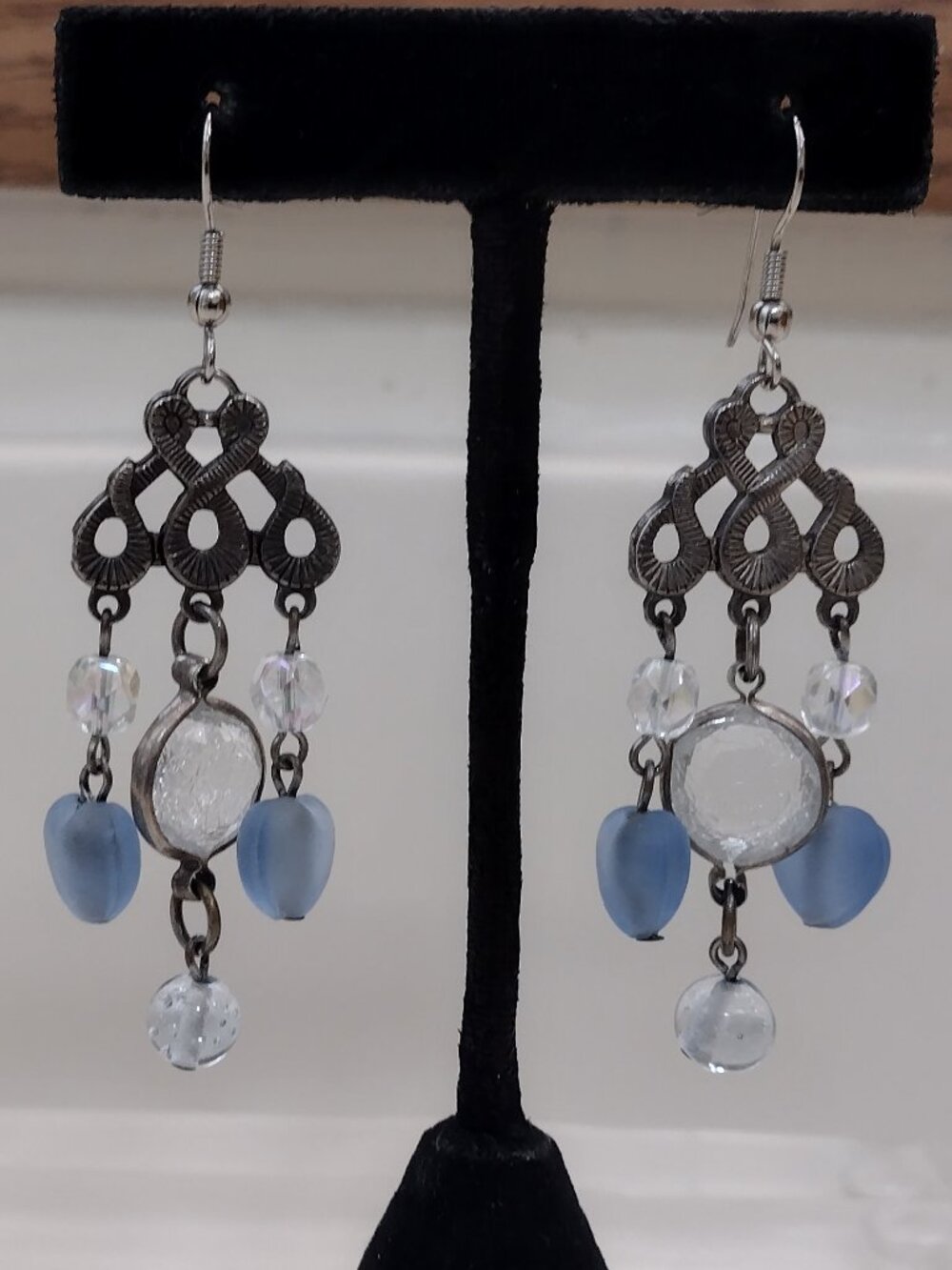 Silver-Tone Dangle Earrings with Blue and Clear Beads